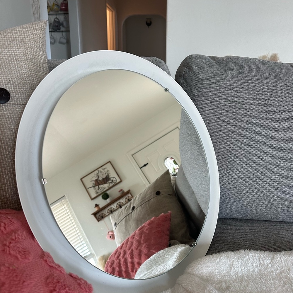 White Circular Mirror Wall Decor with Modern Design